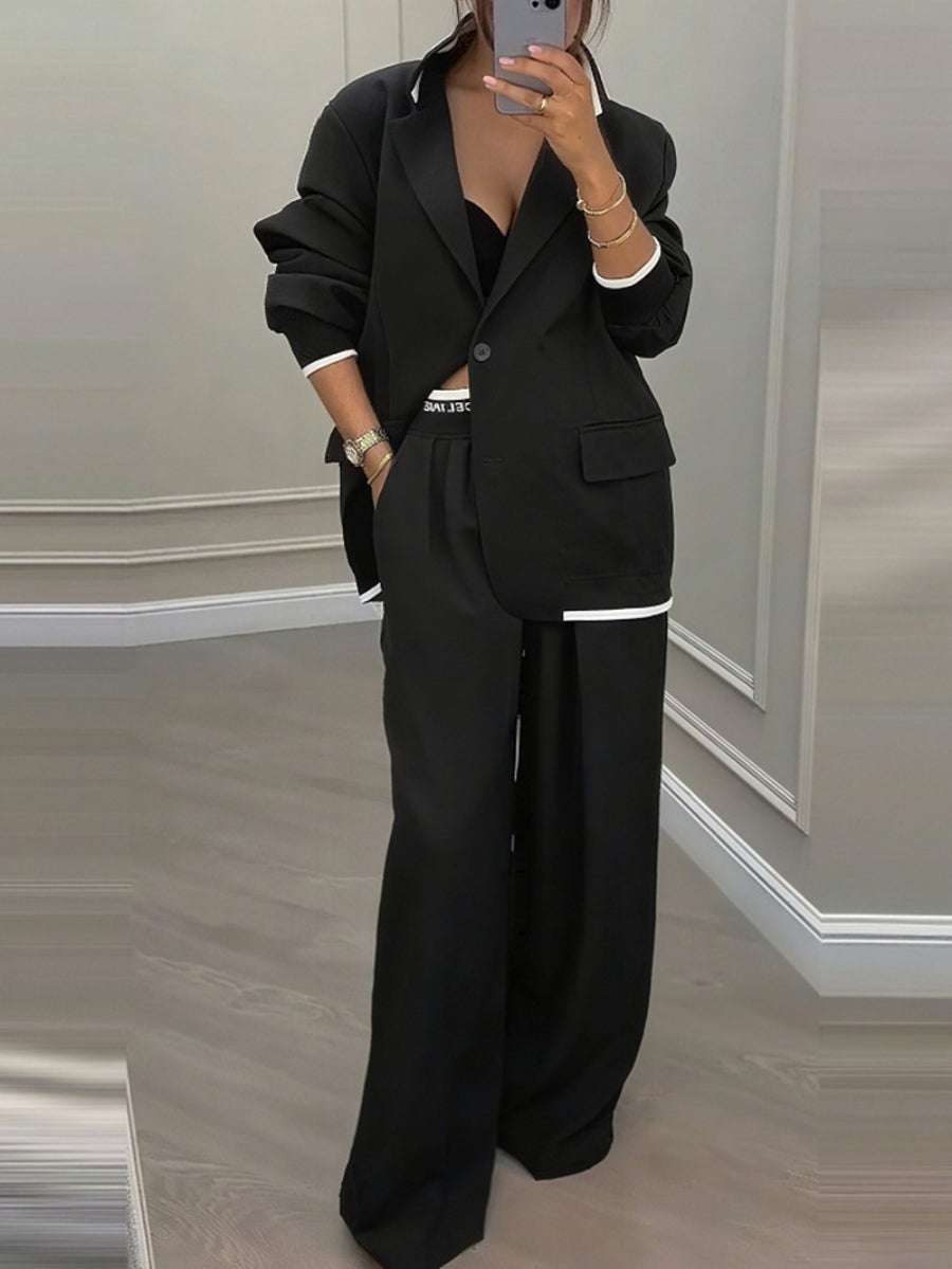 Elegant long-sleeved jacket and casual wide-leg pants suit set