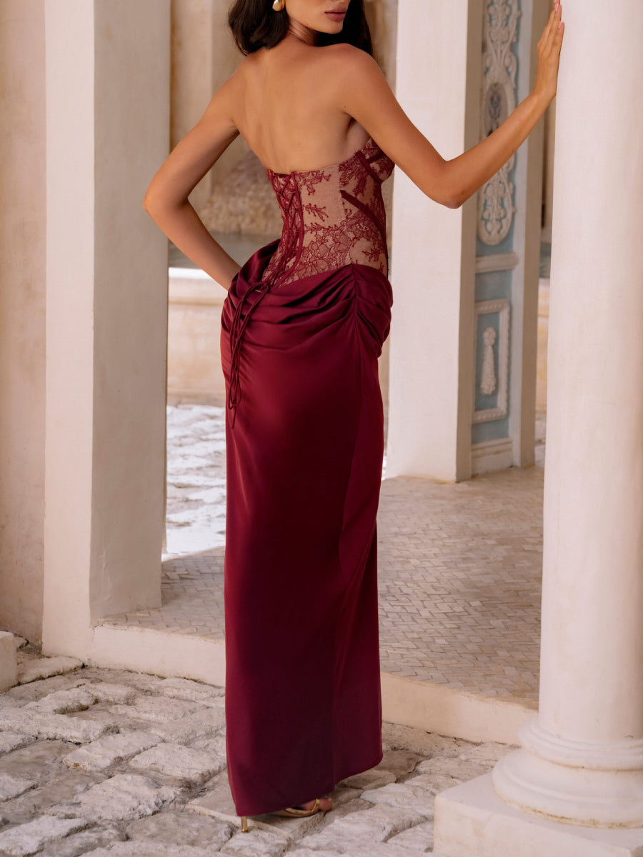 Strapless Floral Lace Corset Bodice Draped Satin Mermaid Maxi Dress