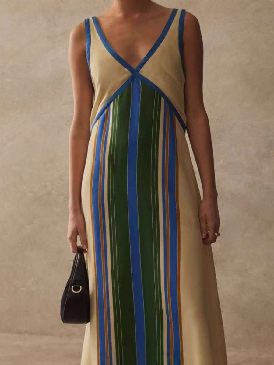 Minimalist Contrast Edge V Neck Satin Slip Maxi Dress