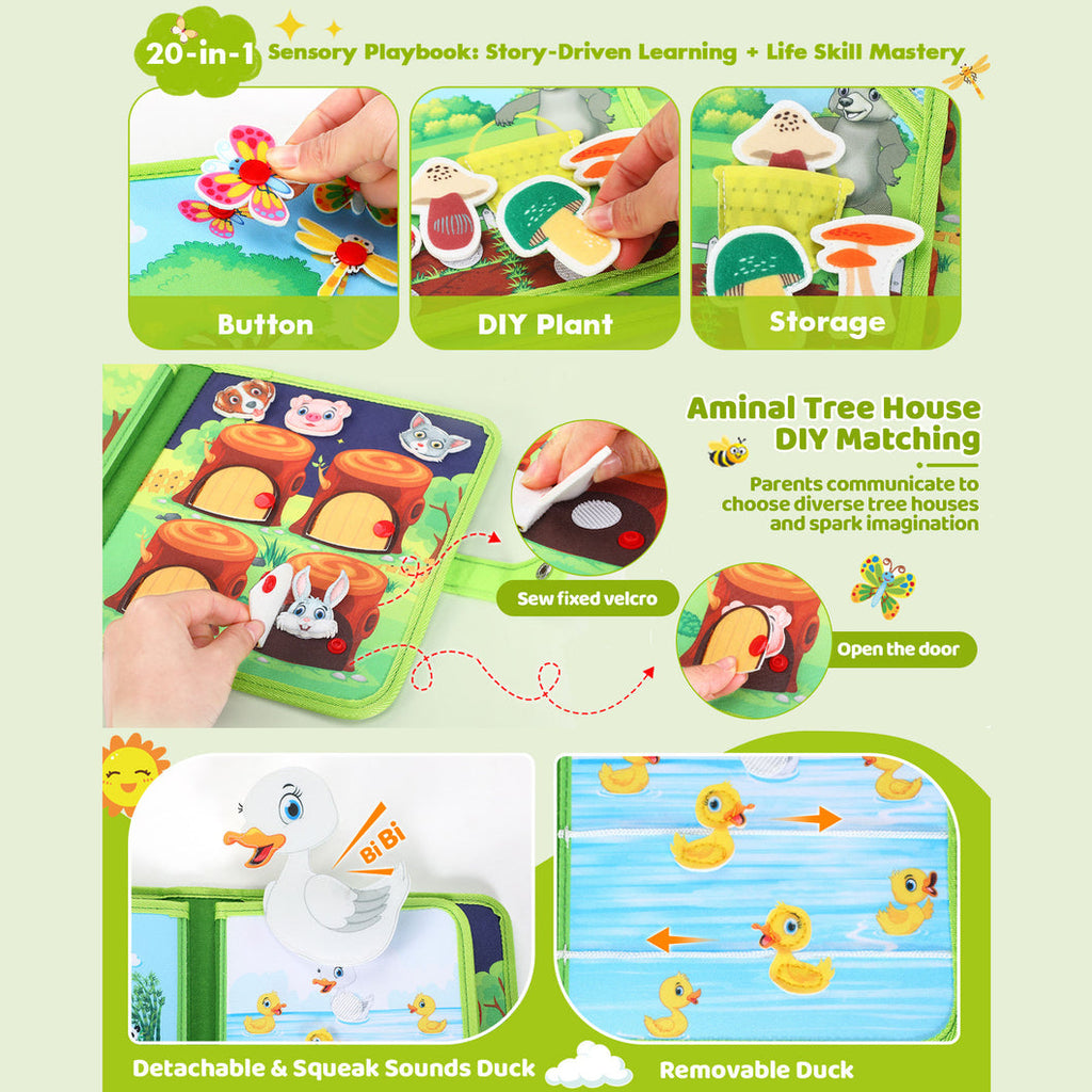 Forest Adventure Quiet Book — Magnetic Fishing, Butterfly Net & Hollow Log Hide & Seek
