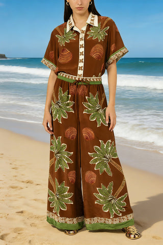 Women's Brown Palm Tree & Seashell Print 2-Piece Co-Ord Set - Short Sleeve Shirt & Wide Leg Pants for Summer Beach Resort Wear