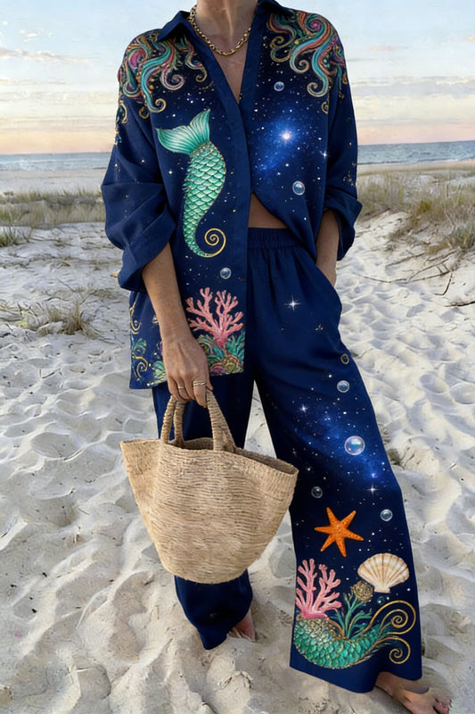 Women's Navy Blue Galaxy Mermaid Print 2-Piece Co-Ord Set - Oversized Shirt & Wide Leg Pants for Summer Beach Vacation