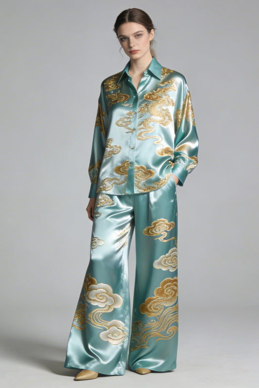 Women's Teal Satin 2-Piece Co-Ord Set - Gold Dragon & Cloud Print Shirt & Wide Leg Pants for Luxe Casual Cocktail Event