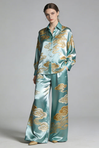 Women's Teal Satin 2-Piece Co-Ord Set - Gold Dragon & Cloud Print Shirt & Wide Leg Pants for Luxe Casual Cocktail Event