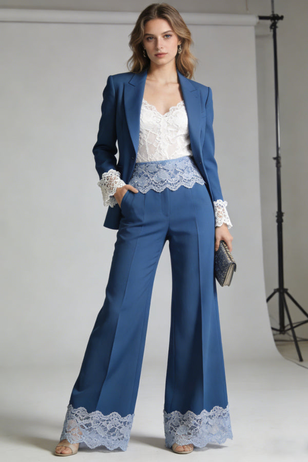 Teal Blue 3-Piece Pant Set with Lace Cami & Wide-Leg Trousers | Elegant Cocktail & Event Outfit
