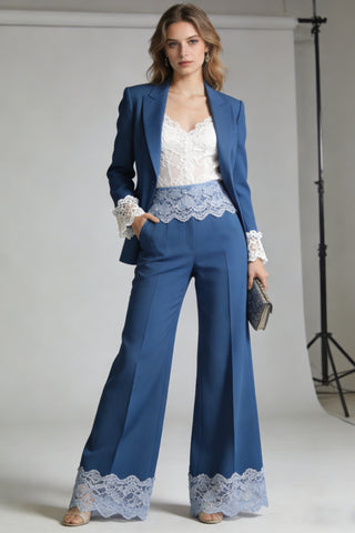 Teal Blue 3-Piece Pant Set with Lace Cami & Wide-Leg Trousers | Elegant Cocktail & Event Outfit