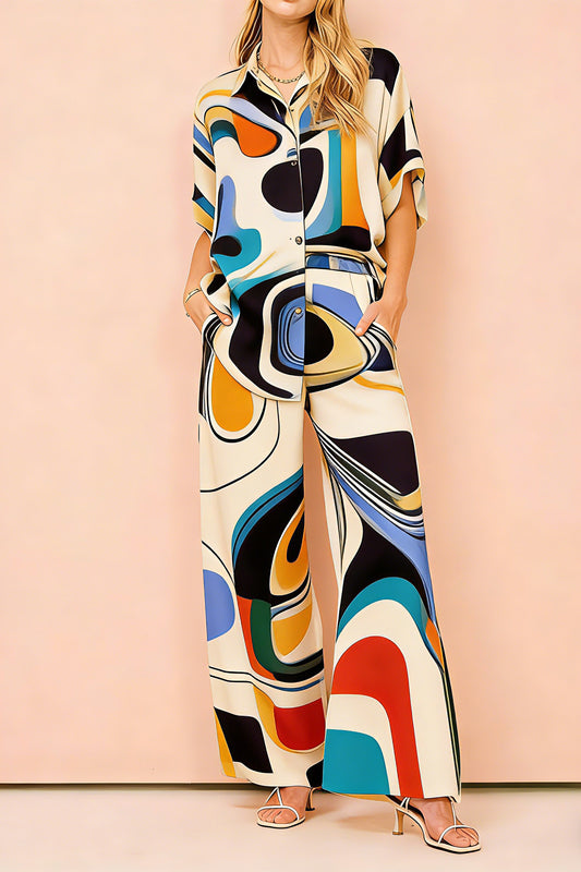 Women's Abstract Retro Geometric Print 2-Piece Co-Ord Set - Short Sleeve Shirt & Wide Leg Pants for Artistic Casual Cocktail Wear