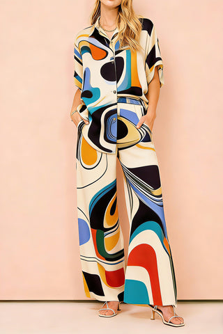 Women's Abstract Retro Geometric Print 2-Piece Co-Ord Set - Short Sleeve Shirt & Wide Leg Pants for Artistic Casual Cocktail Wear