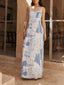 Women Square Neck Chinese Ceramic Floral Print Long Vacation Sundress