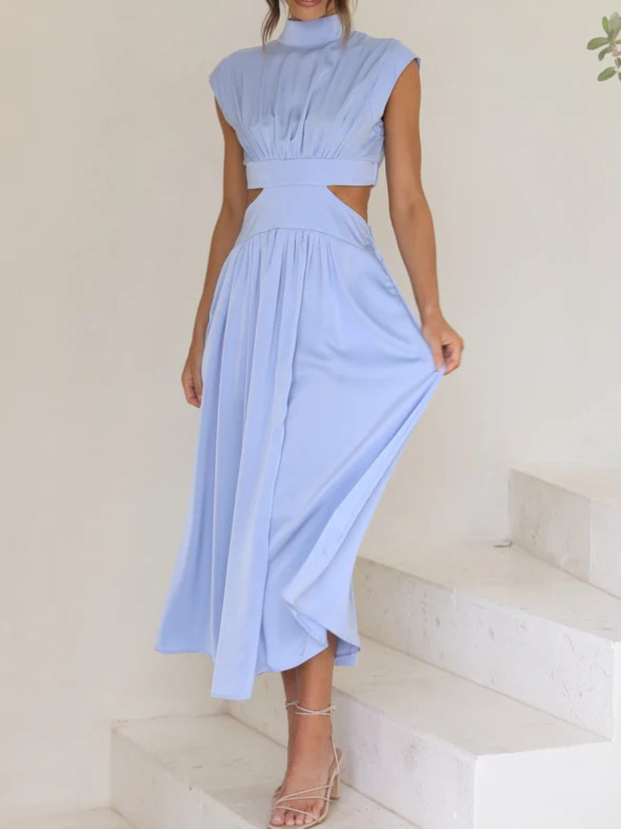 Satin High Neck Cap Sleeve Side Waist Cutout Pleated Midi Dress