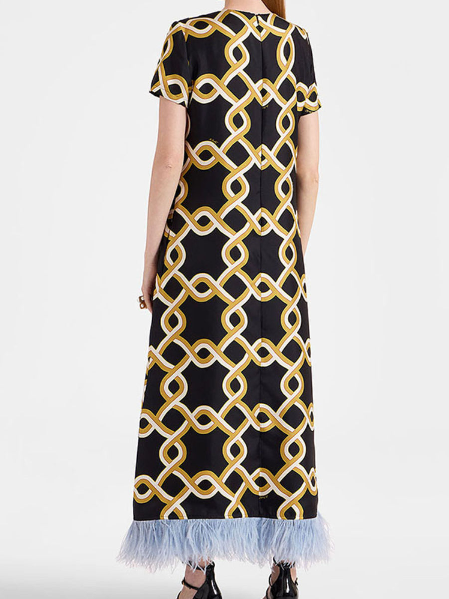Black Base Gold Chain Geometric Print Short Sleeve Straight Maxi Dress