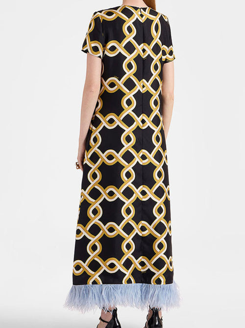 Black Base Gold Chain Geometric Print Short Sleeve Straight Maxi Dress