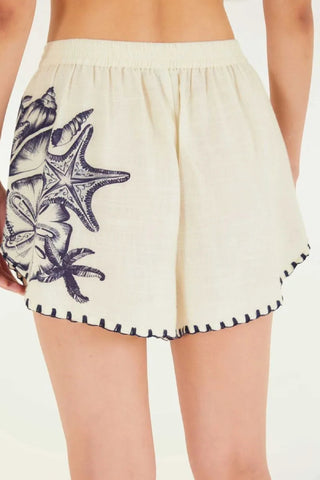 Women's Cream Blue Starfish & Seashell Print Linen 2-Piece Short Set - Button Up Shirt & High Waisted Shorts for Summer Beach Vacation