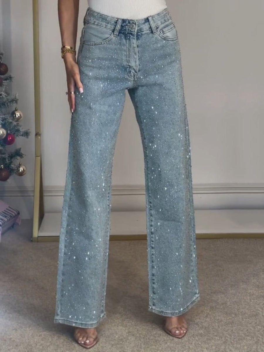 All Over Rhinestone High Waist Wide Leg Denim Jeans