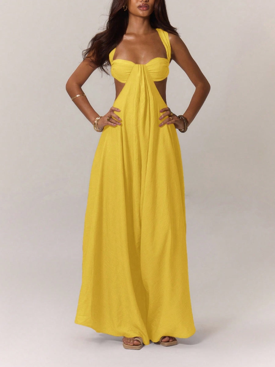 Solid Color Halter Cutout A-Line Maxi Gown Summer Resort Photoshoot Dress