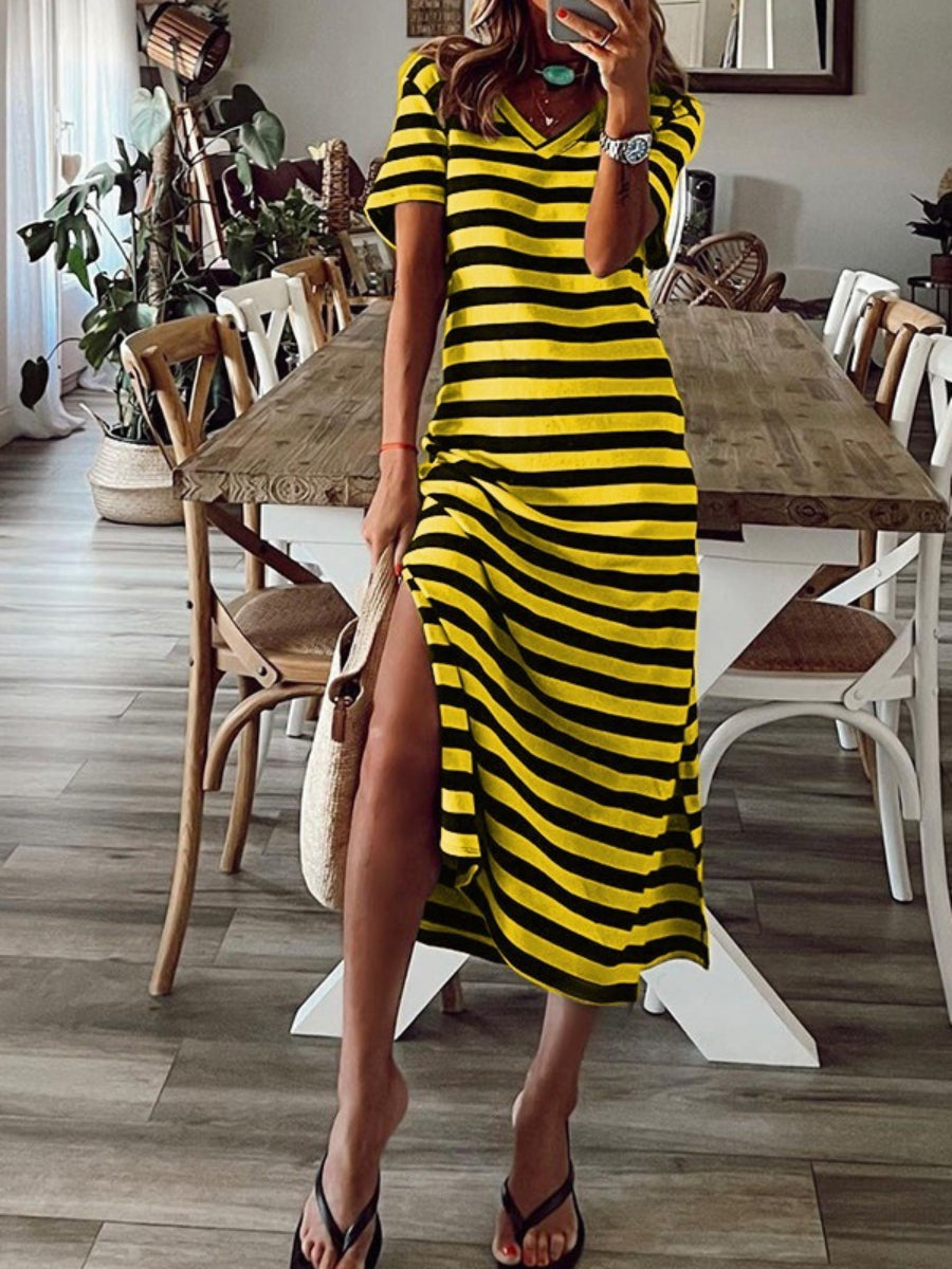 Basics Stripe V Neck Casual Midi Dress