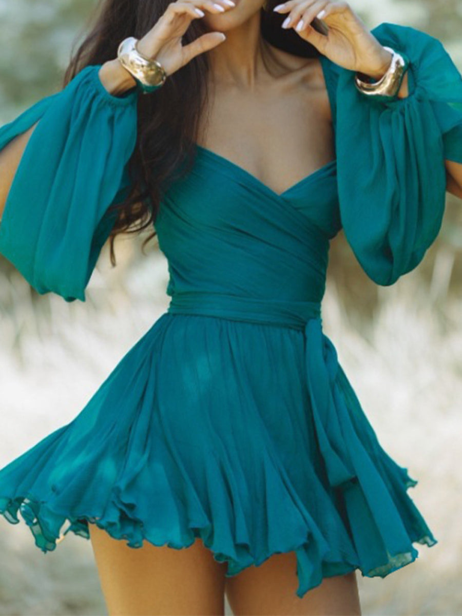 V-neck lantern sleeve hollow shoulder mini dress