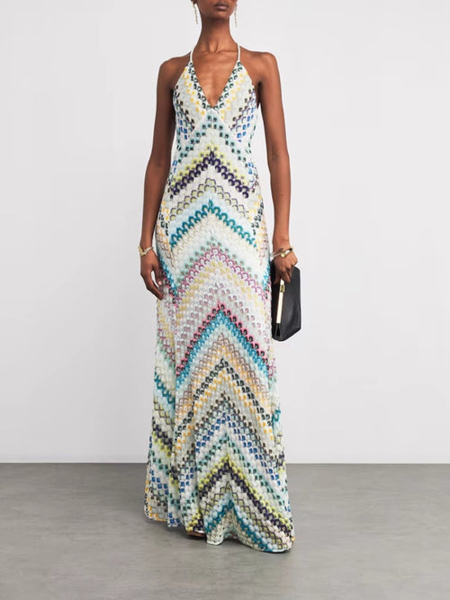 Chevron Crochet Spaghetti Strap V-Neck Maxi Slip Dress