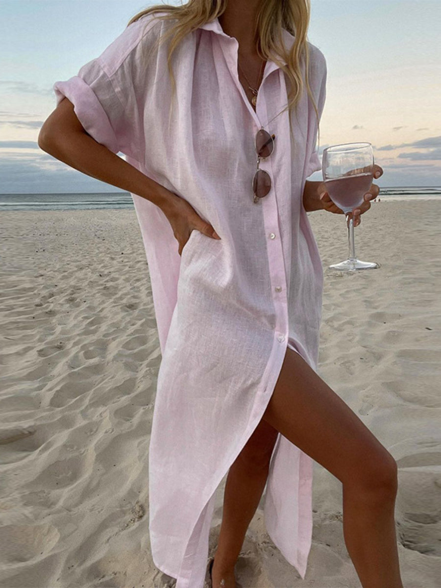 Solid color casual long sleeved mid length cotton and linen shirt dress