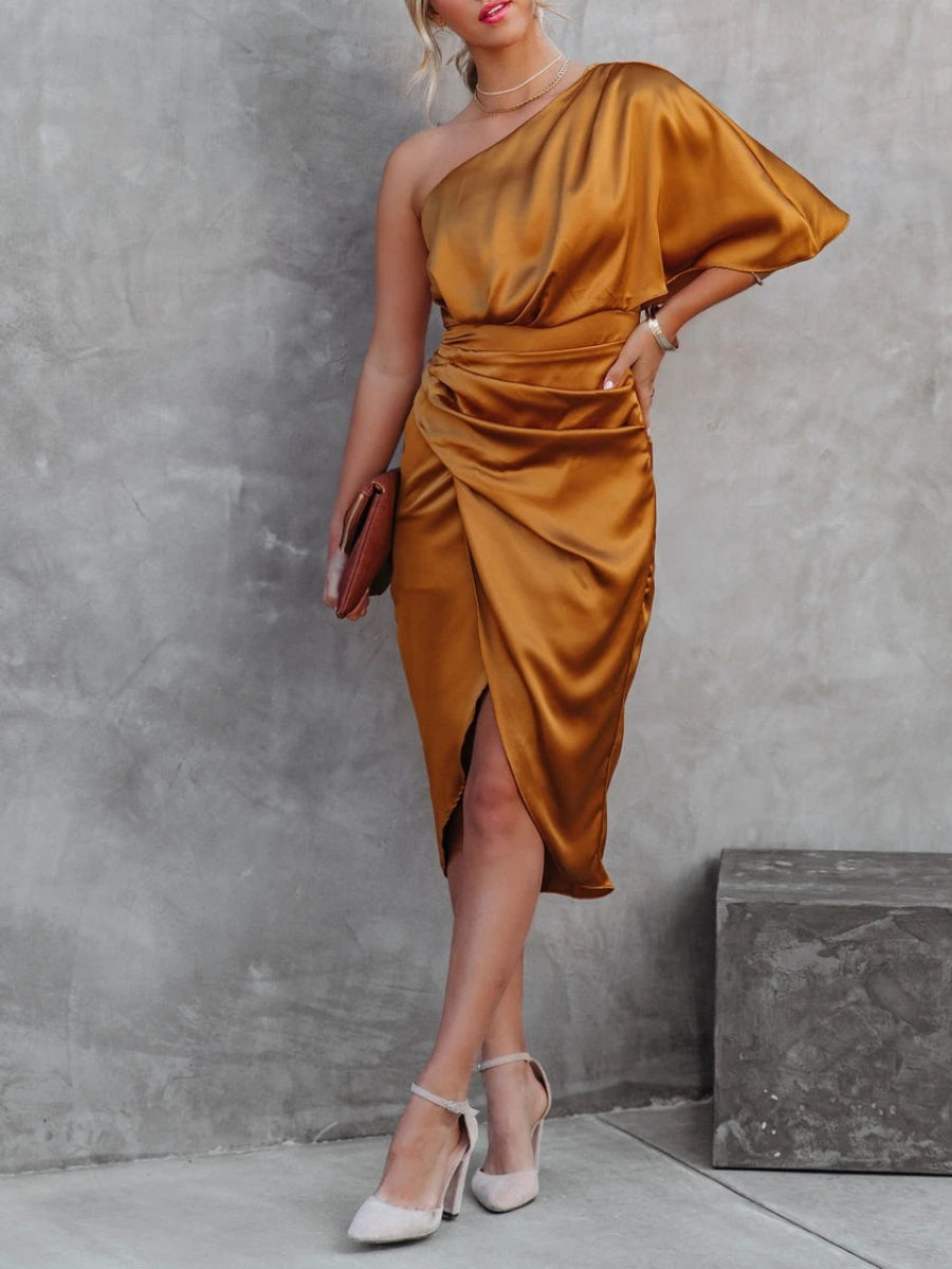 Elegant One Shoulder Draped Satin Slim Fit High Side Slit Evening Mid Dress
