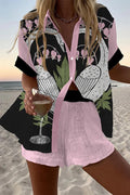 Black and pink colorblock shorts set with a white crane and pink floral print