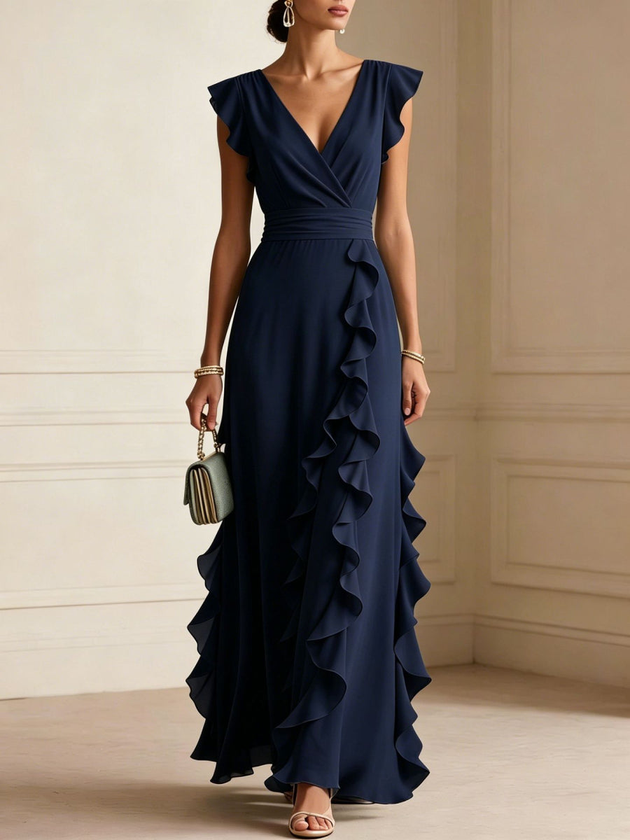 Chiffon Wrap V Neck Ruffle Cap Sleeve High Waist Side Ruffle Maxi Dress
