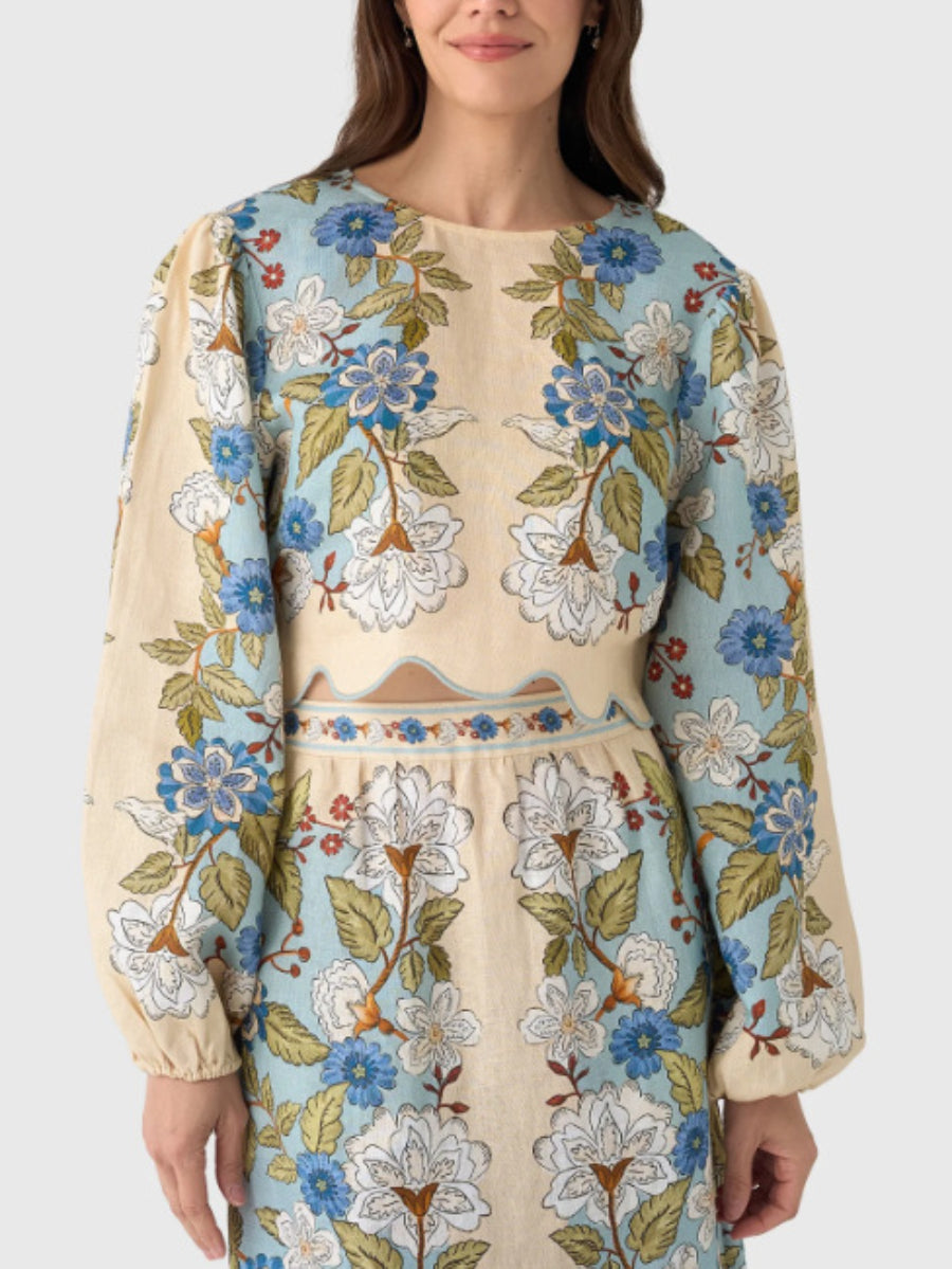 Garden Floral Print Lantern Sleeve Scalloped Edge Crop Top Midi Skirt Casual Co Ord Set