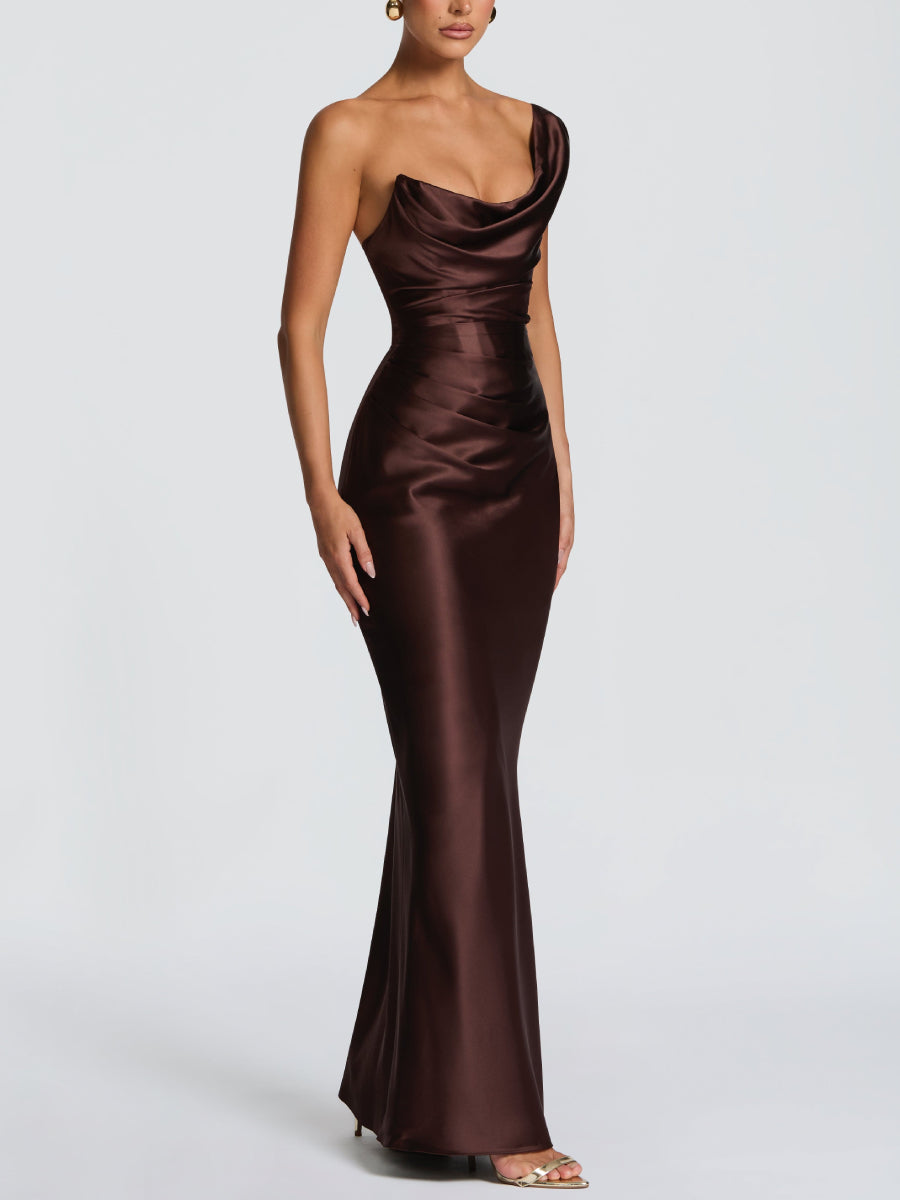One Shoulder Cowl Neck Boned Corset Ruched Satin Mermaid Maxi  Dress