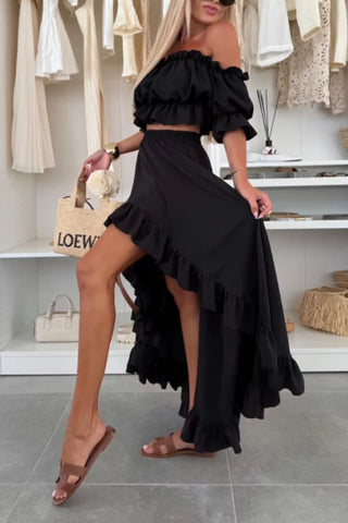 Tube Top Navel Exposed Ruffled Irregular Skirt Two-piece Set