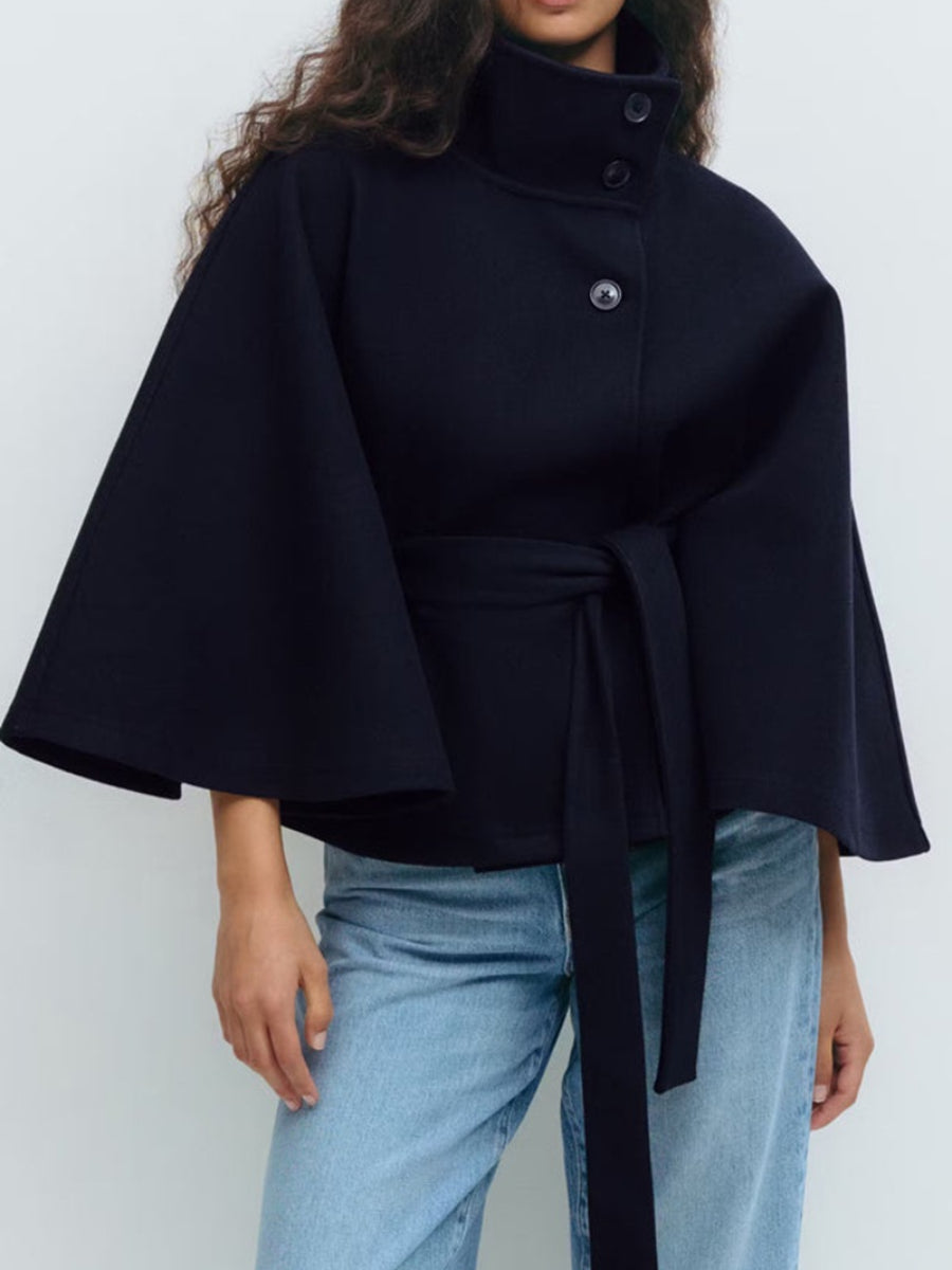 Solid color cape stand-up collar button-down belt trench coat