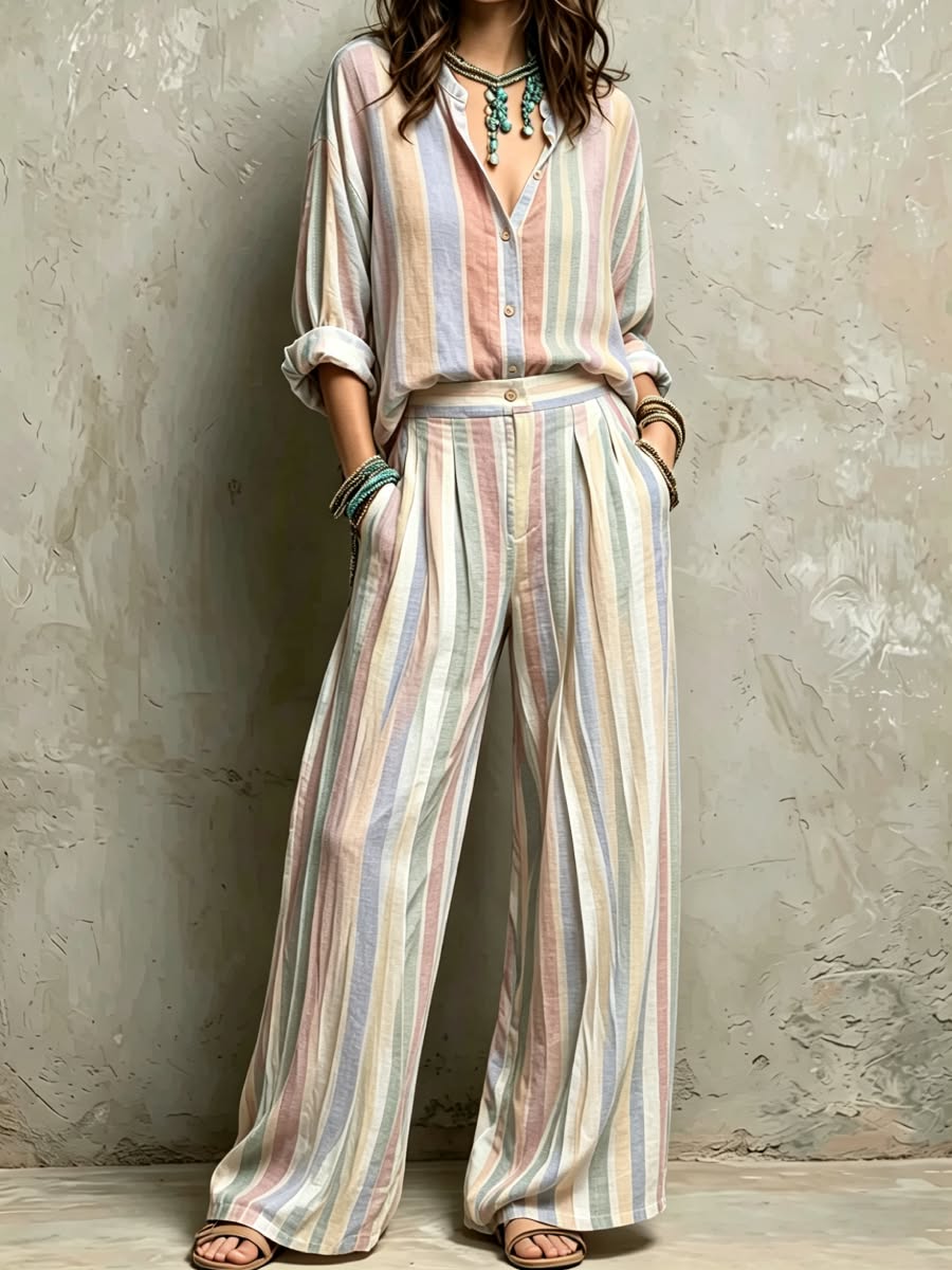 Pastel Vertical Stripe Boho Two Piece Matching Suit