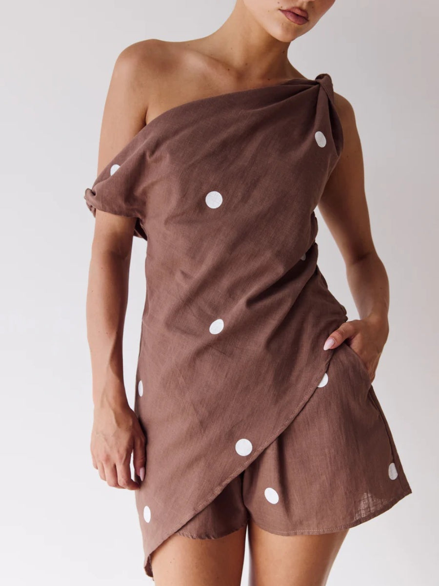 Brown White Polka Dot One Shoulder Linen Two Piece Short Set Main image