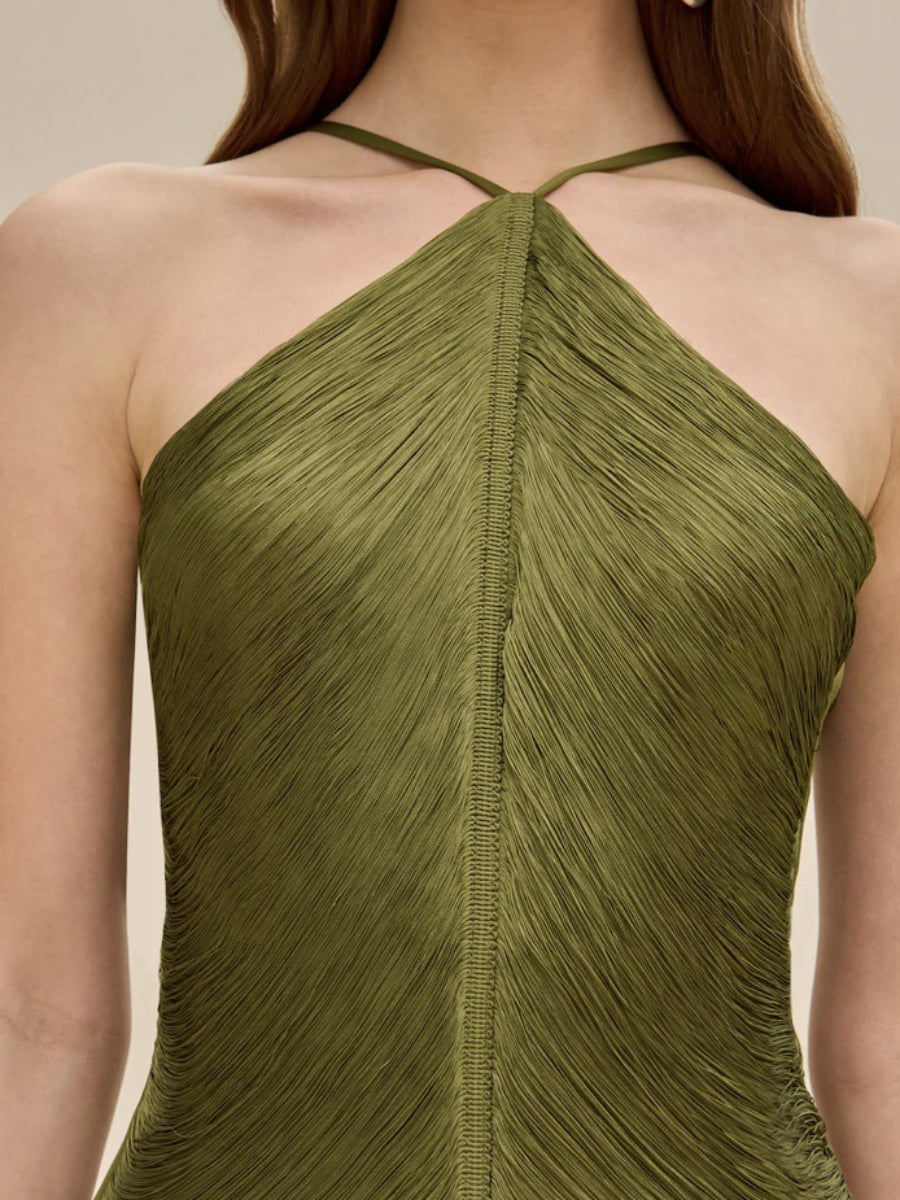 Fashionable tassel halter neck backless dress