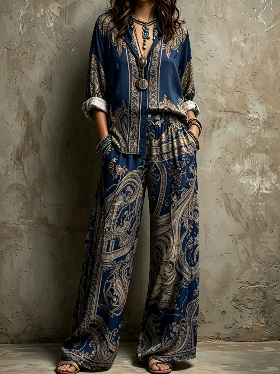 Navy Baroque Paisley Print Boho Two Piece Wide Leg Pants Set Main image