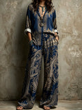 Navy Baroque Paisley Print Boho Two Piece Wide Leg Pants Set