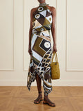 Retro Geometric Collage Print Halter Top Asymmetrical Hanky Hem Midi Skirt Set