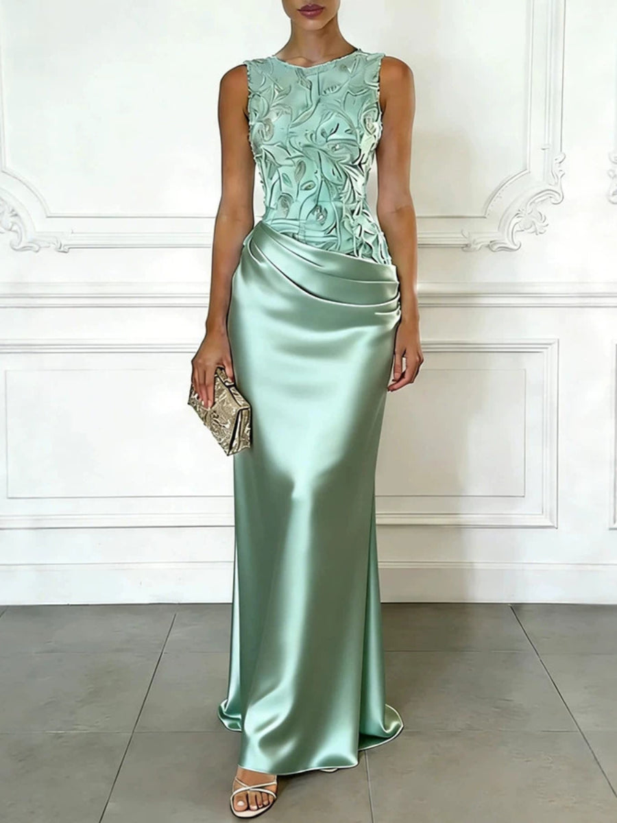 Sleeveless 3D Embossed Floral Lace Bodice Draped Ruched Satin Mermaid Maxi Dress Main image