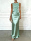Sleeveless 3D Embossed Floral Lace Bodice Draped Ruched Satin Mermaid Maxi Dress