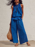 Linen Smocked Neck Ruffle Hem Tank Top Wide Leg Pants Two Piece Matching Set