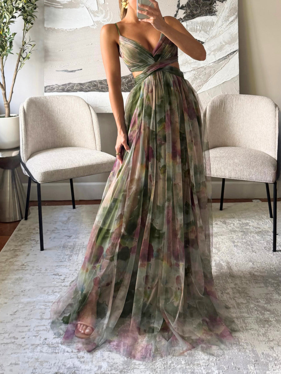 Watercolor Floral Print Tulle Maxi Dress Spaghetti Strap Cutout Waist Formal Gown