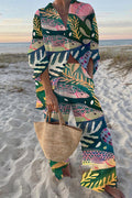 Green coastal fish-print short-sleeve shirt and wide-leg pants two-piece set