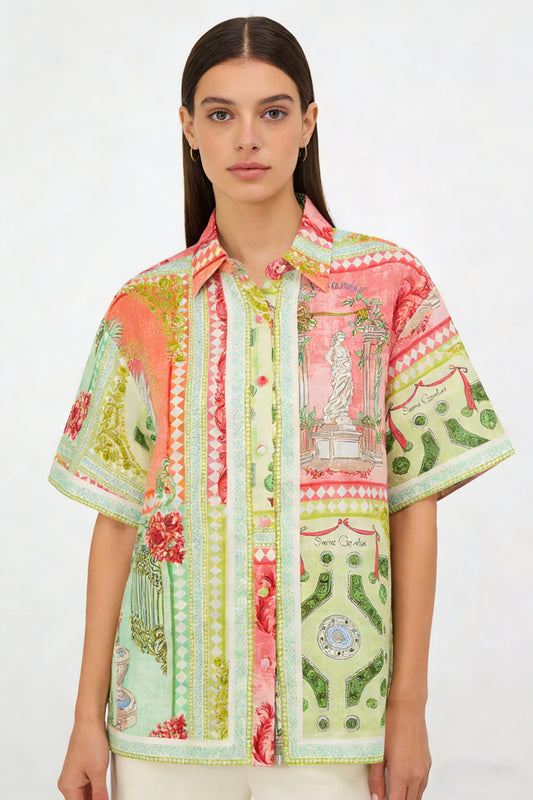 Women's Boho Patchwork Print 2-Piece Co-Ord Set - Short Sleeve Shirt & Wide Leg Pants for Summer Beach Vacation