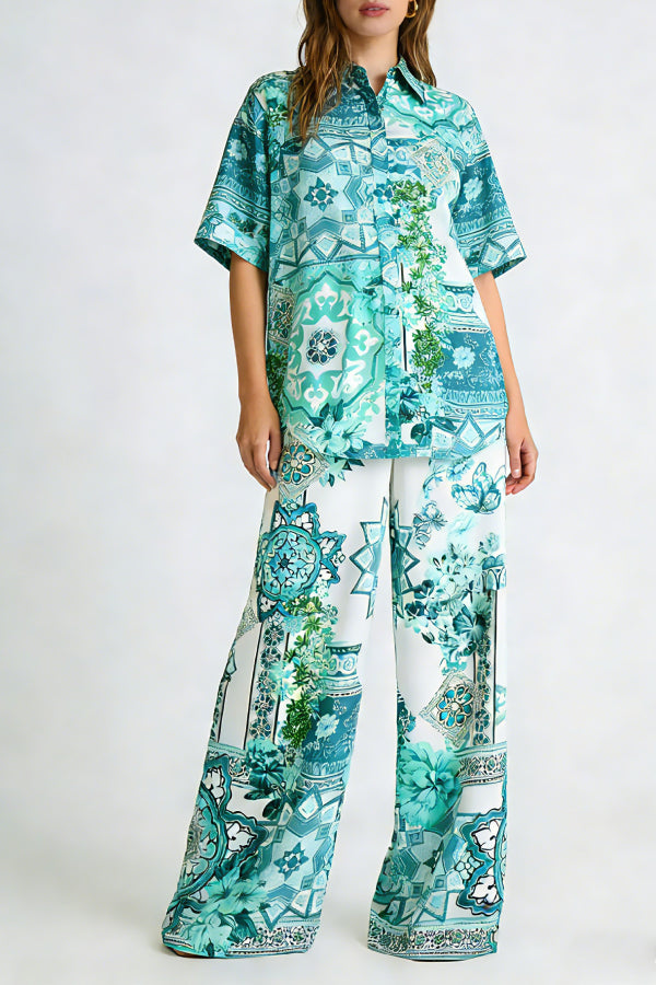 Women's Turquoise Mosaic Tile & Floral Print 2-Piece Co-Ord Set - Short Sleeve Shirt & Wide Leg Pants for Boho Resort Wear