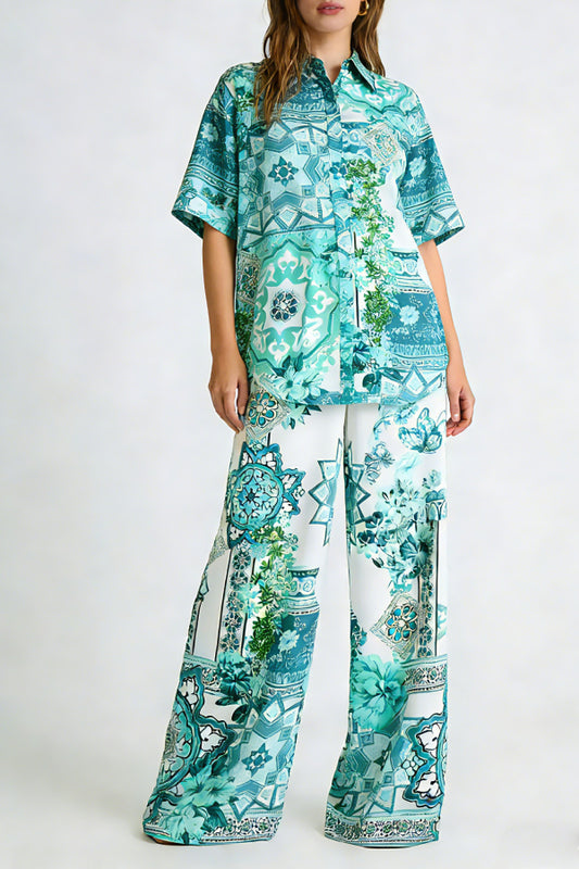 Women's Turquoise Mosaic Tile & Floral Print 2-Piece Co-Ord Set - Short Sleeve Shirt & Wide Leg Pants for Boho Resort Wear
