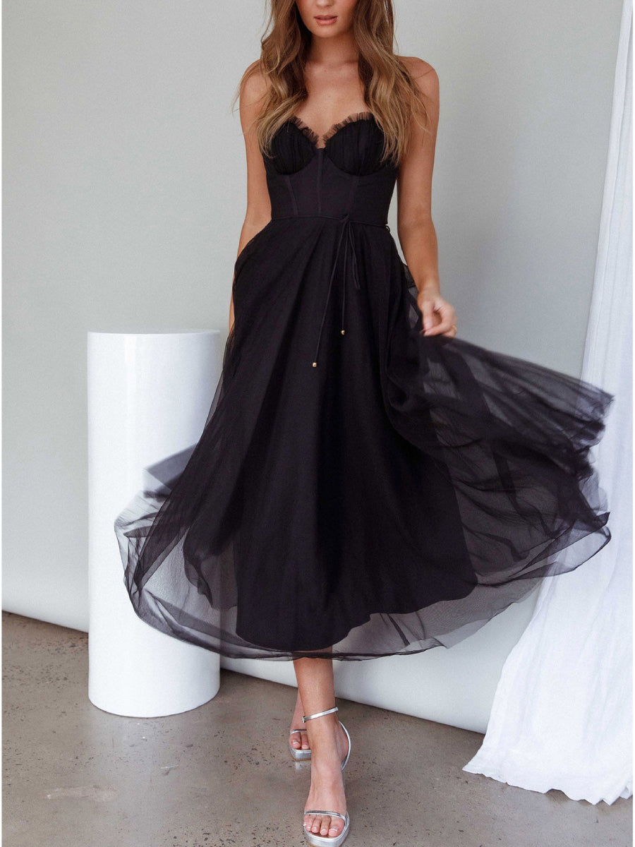 Romantic Ruched Sweetheart Thin Strap Multi-Layer Tulle Midi Dress