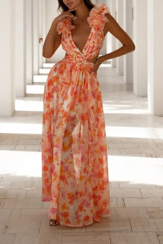 Floral halter back waisted French dress
