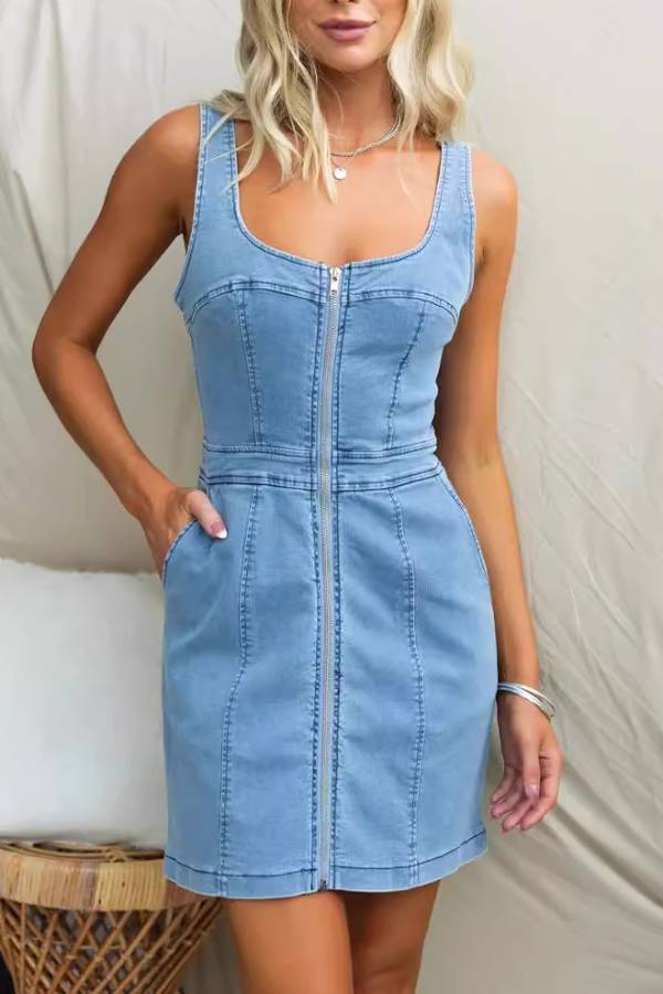Solid Denim Zipper Mini Dress Main image