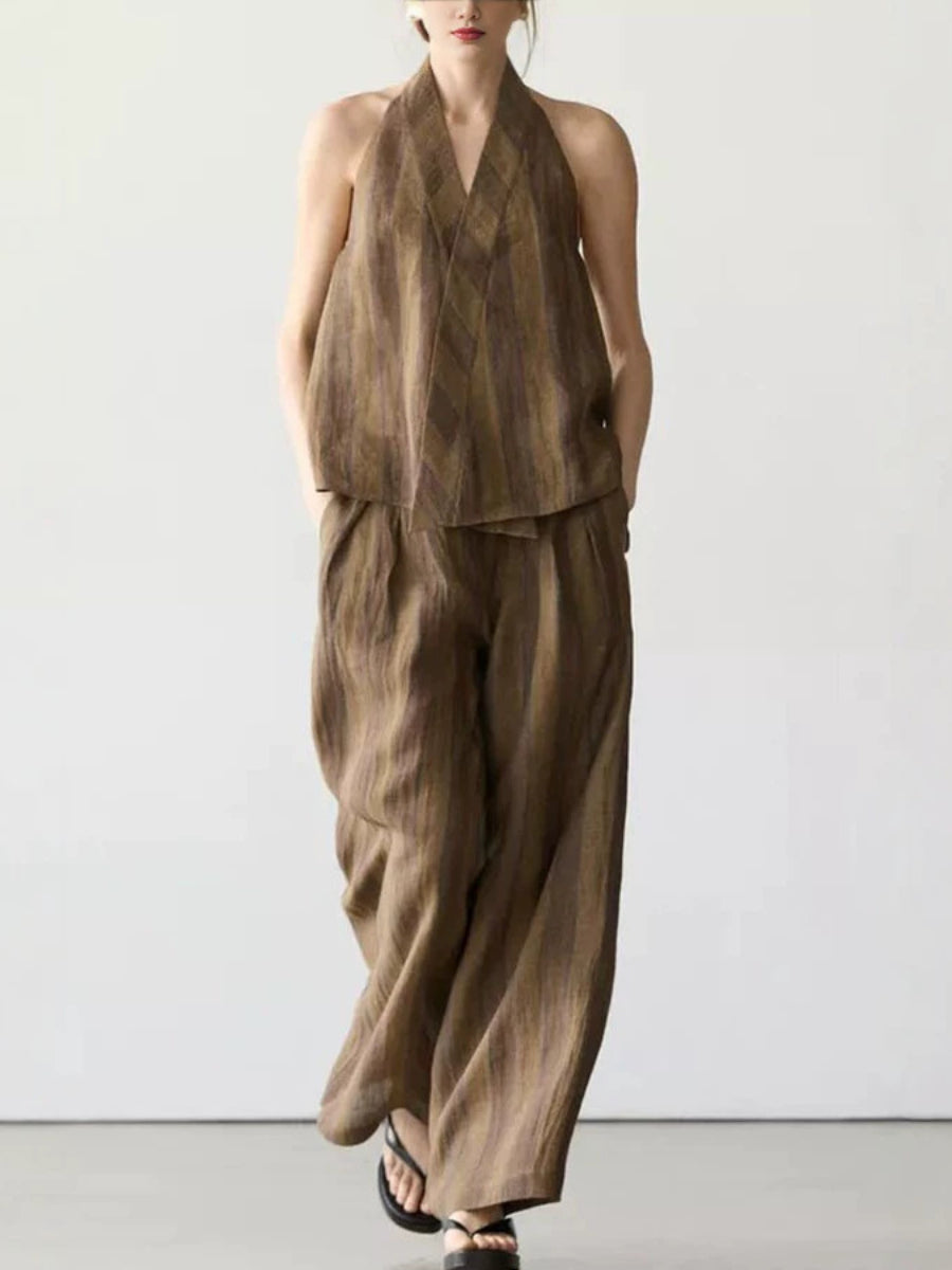 Vintage Stripe Halter Sleeveless Top Wide Leg Pants Linen Two Piece Set