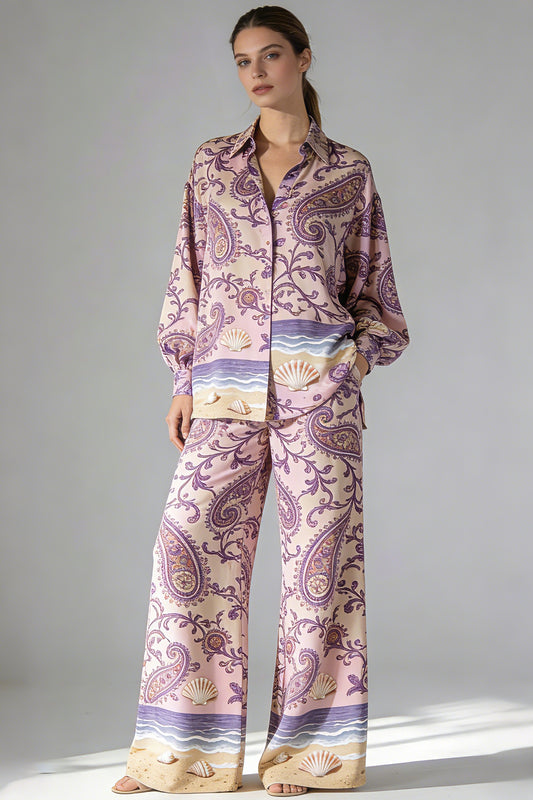 Women's Pink Paisley & Coastal Shell Print Silk Blend 2-Piece Co-Ord Set - Long Sleeve Shirt & Wide Leg Pants for Luxe Resort Wear