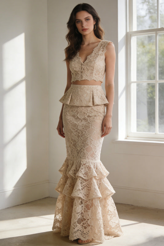 Womens Ivory Lace 3-Piece Set: Peplum Blazer, Crop Top & Midi Skirt